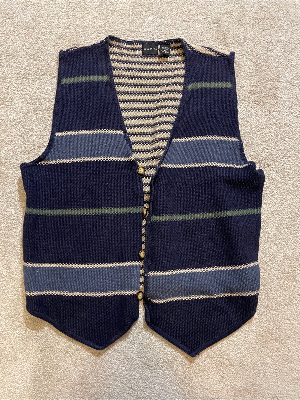 Vintage Structure Navy Striped Knit Vest with Green & Cream Accents
